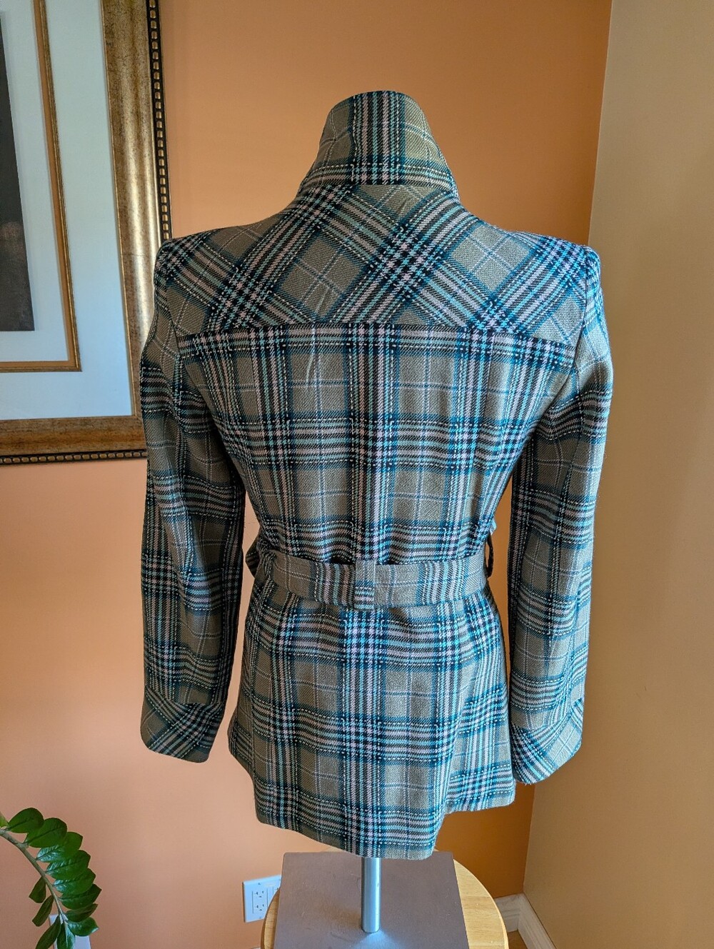 Plaid Ruffle Belted Trench Coat - Blue/Gray - Picture 2 of 11